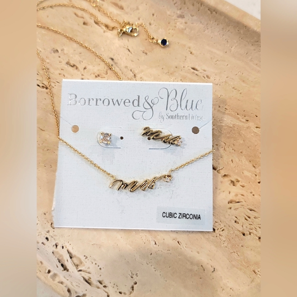 Borrowed & Blue Gold Necklace and Earring Set: "Mrs."